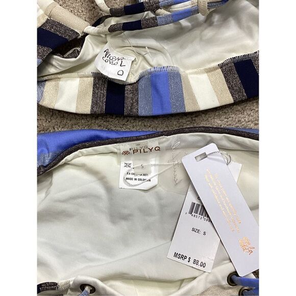 New. PILYQ blue stripe bikini set. L-top/S-bottom - Picture 7 of 9